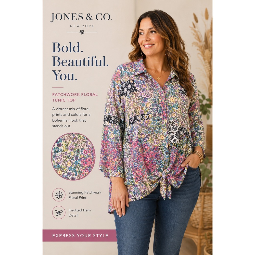 NEW Jones & Co Woman Patchwork Floral Print Button Down Shirt Tunic Top 3X